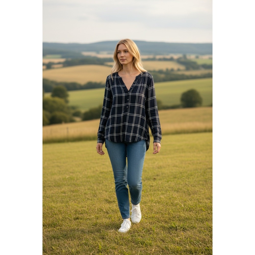 Lucky Brand Plaid Blouse Womens L Navy Blue Windowpane High Low Tunic Top